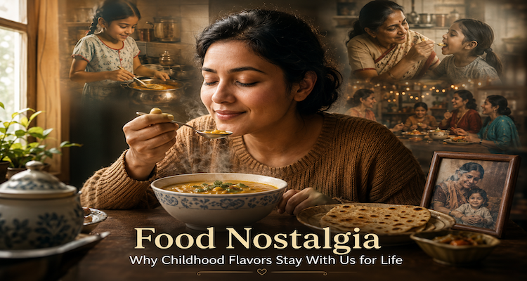 An adult enjoying a traditional homemade childhood dish while memories of a warm family kitchen are suggested in the background.