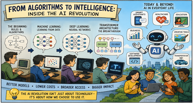 Conceptual illustration showing the evolution from computer algorithms and machine learning to modern artificial intelligence