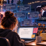 A digital writer creating a story on a laptop while an online community discusses characters, chapters and fan-created interpretations.