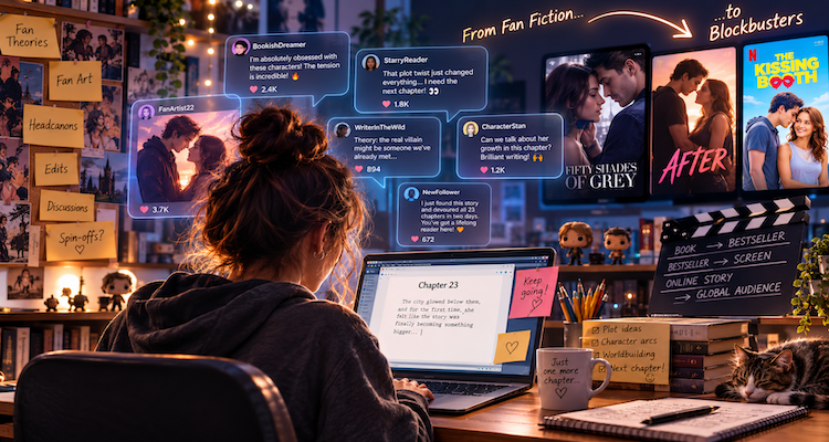 A digital writer creating a story on a laptop while an online community discusses characters, chapters and fan-created interpretations.