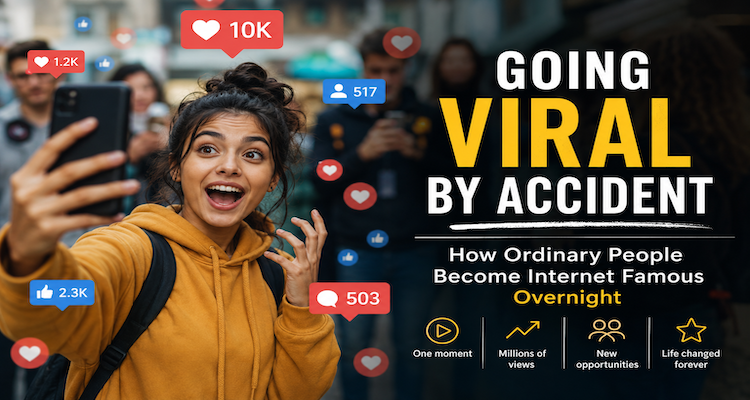 Ordinary person surrounded by rapidly spreading social media posts and viral video notifications on digital screens.