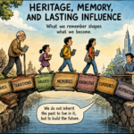 Generations sharing cultural traditions beside historic architecture, representing heritage, memory and cultural continuity