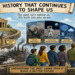 Editorial illustration showing historical documents, an old city, cultural traditions and modern people connected across generations.