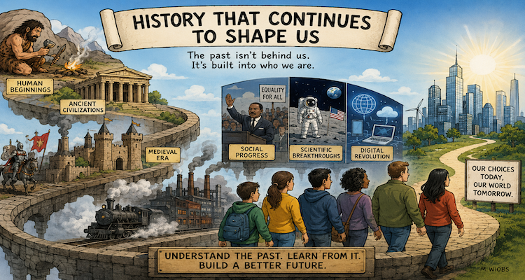 Editorial illustration showing historical documents, an old city, cultural traditions and modern people connected across generations.