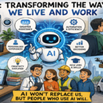 Conceptual illustration showing artificial intelligence connecting everyday life, workers, digital tools and modern workplaces