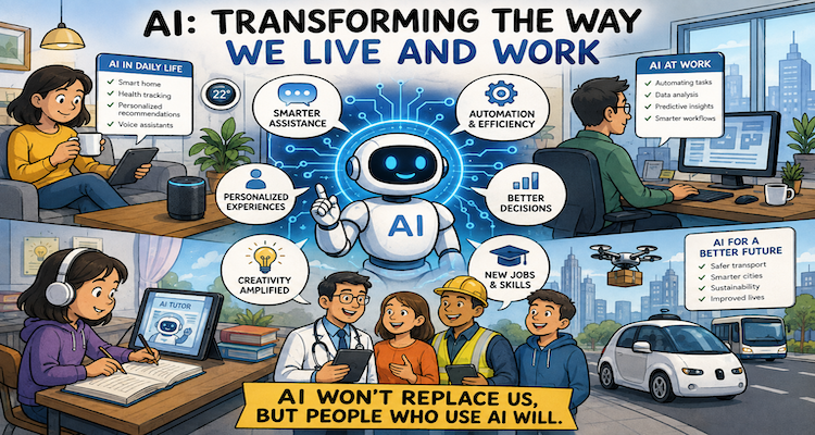 Conceptual illustration showing artificial intelligence connecting everyday life, workers, digital tools and modern workplaces