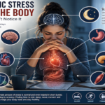 Person sitting quietly while subtle visual elements represent stress affecting the brain, heart, sleep and other body systems.