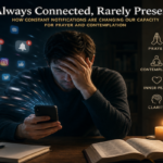 Person praying quietly beside a smartphone with notifications muted, representing the tension between digital interruptions and contemplation
