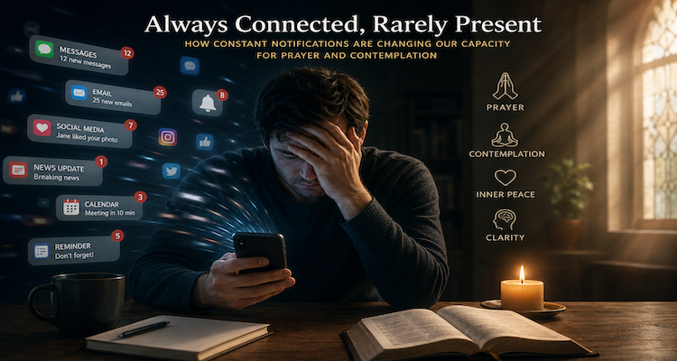 Person praying quietly beside a smartphone with notifications muted, representing the tension between digital interruptions and contemplation