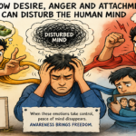 Conceptual illustration of a human figure surrounded by symbols of desire, anger and attachment, representing emotional conflict and disturbed mental balance.