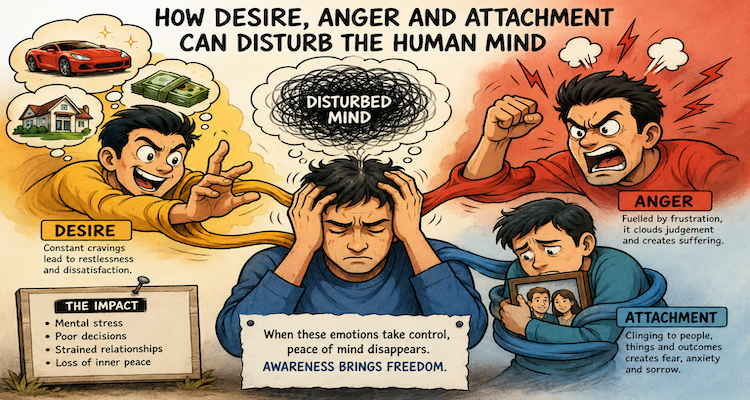 Conceptual illustration of a human figure surrounded by symbols of desire, anger and attachment, representing emotional conflict and disturbed mental balance.