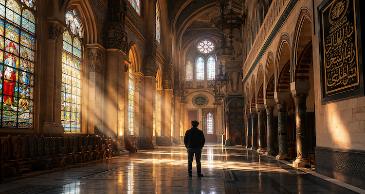 Visitors experiencing the vast interior, light and architectural details of a historic religious building