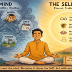 Symbolic illustration of a calm meditating figure with swirling thoughts above, representing the Bhagavad Gita's distinction between the mind and the Self.