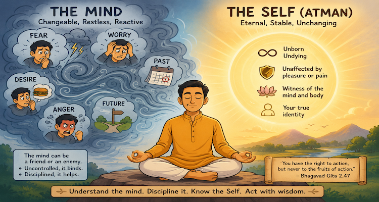 Symbolic illustration of a calm meditating figure with swirling thoughts above, representing the Bhagavad Gita's distinction between the mind and the Self.