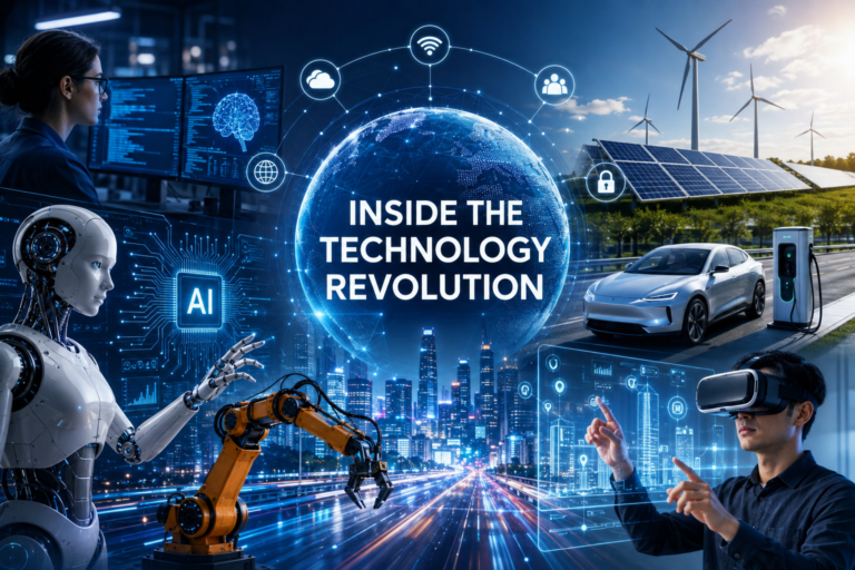 Conceptual illustration showing AI, robotics, cloud computing, connectivity and digital infrastructure driving the technology revolution