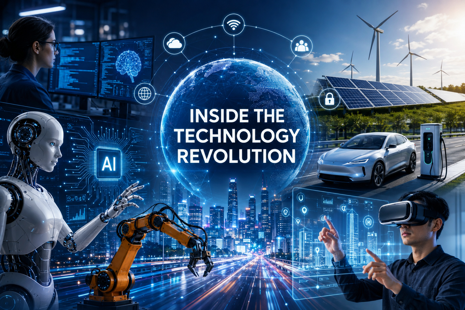 Conceptual illustration showing AI, robotics, cloud computing, connectivity and digital infrastructure driving the technology revolution