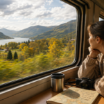 A traveller watching a changing landscape from a train window, representing a journey that is meaningful beyond the final destination.