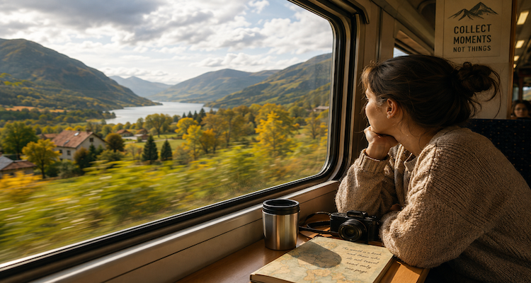 A traveller watching a changing landscape from a train window, representing a journey that is meaningful beyond the final destination.
