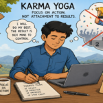 A person working calmly at a desk beside a symbolic Bhagavad Gita, representing focused action without attachment to results.