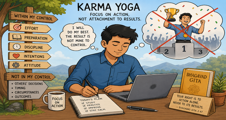 A person working calmly at a desk beside a symbolic Bhagavad Gita, representing focused action without attachment to results.