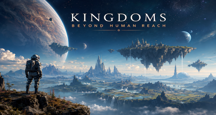 Robotic explorers and a human spacecraft reaching toward distant worlds beyond Earth