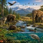 Diverse wildlife living within a healthy natural ecosystem of forest, grassland, river and surrounding habitat