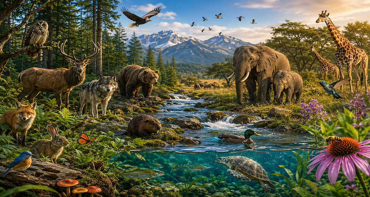 Diverse wildlife living within a healthy natural ecosystem of forest, grassland, river and surrounding habitat