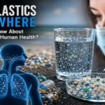 Microscopic plastic particles scattered across a laboratory surface, illustrating the widespread environmental presence of microplastics.