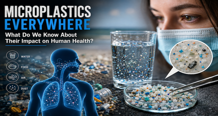 Microscopic plastic particles scattered across a laboratory surface, illustrating the widespread environmental presence of microplastics.