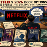 Netflix-inspired collage of books representing upcoming film and television adaptation possibilities