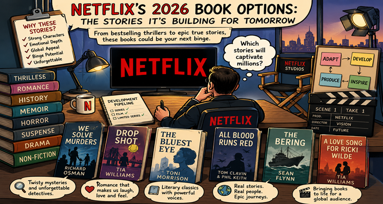 Netflix-inspired collage of books representing upcoming film and television adaptation possibilities