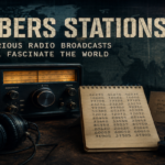 Vintage shortwave radio receiver displaying a mysterious frequency as coded numbers are broadcast through the airwaves