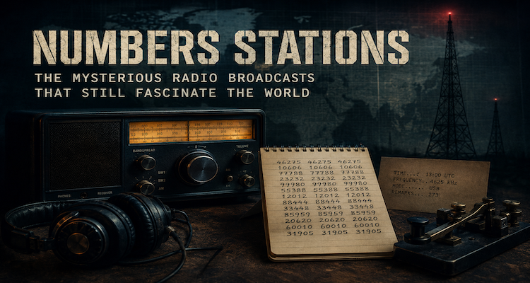 Vintage shortwave radio receiver displaying a mysterious frequency as coded numbers are broadcast through the airwaves