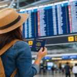 Traveler holding a passport while looking toward an airport departure board, symbolizing new international travel adventures.