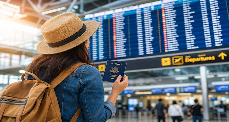 Traveler holding a passport while looking toward an airport departure board, symbolizing new international travel adventures.