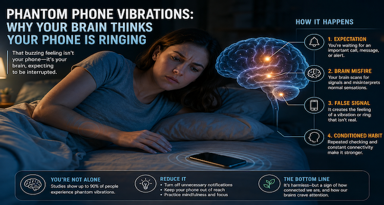 Person checking a smartphone after feeling a phantom vibration notification while the phone screen remains inactive
