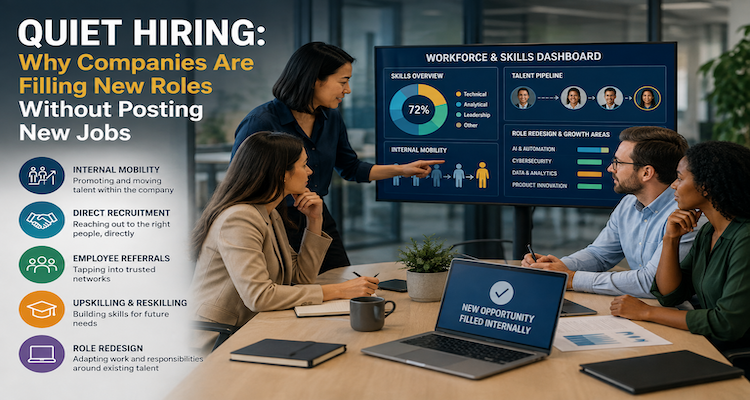 Business professionals collaborating around a digital skills and workforce planning dashboard, illustrating internal mobility and quiet hiring.