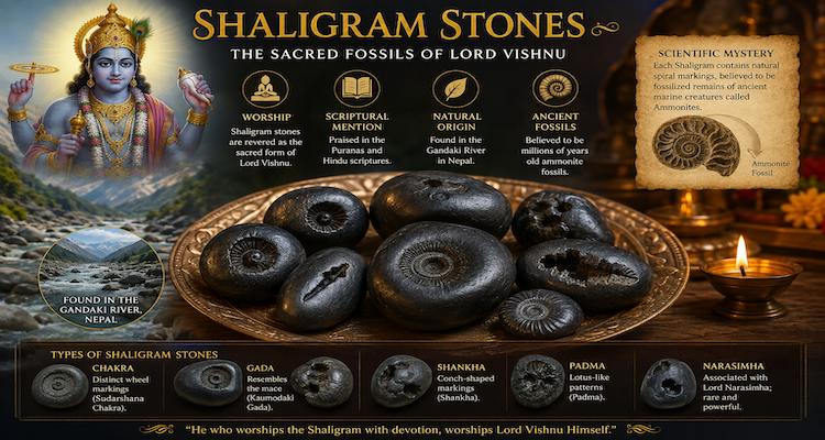 Natural black Shaligram stone containing an ammonite fossil associated with Lord Vishnu from Nepal’s Kali Gandaki region