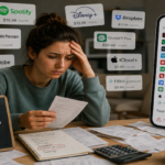 A consumer reviewing multiple recurring digital subscriptions and monthly charges on a smartphone and laptop.
