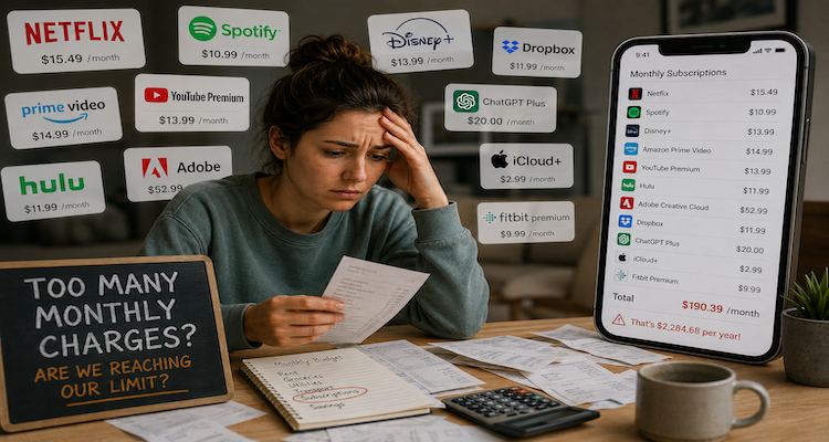 A consumer reviewing multiple recurring digital subscriptions and monthly charges on a smartphone and laptop.