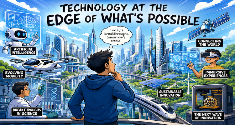 Conceptual illustration of AI, robotics, quantum computing and advanced technology converging at the frontier of innovation