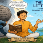 A contemplative person standing peacefully beside an open Bhagavad Gita, symbolizing detachment, reflection and acceptance.