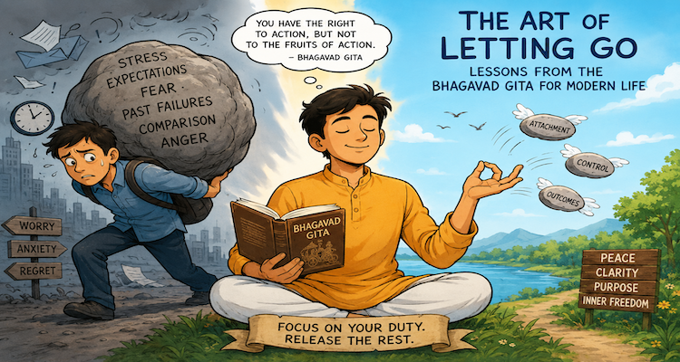 A contemplative person standing peacefully beside an open Bhagavad Gita, symbolizing detachment, reflection and acceptance.