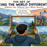 An observer viewing the same landscape through multiple frames, symbolizing perception, perspective and different ways of understanding the world.