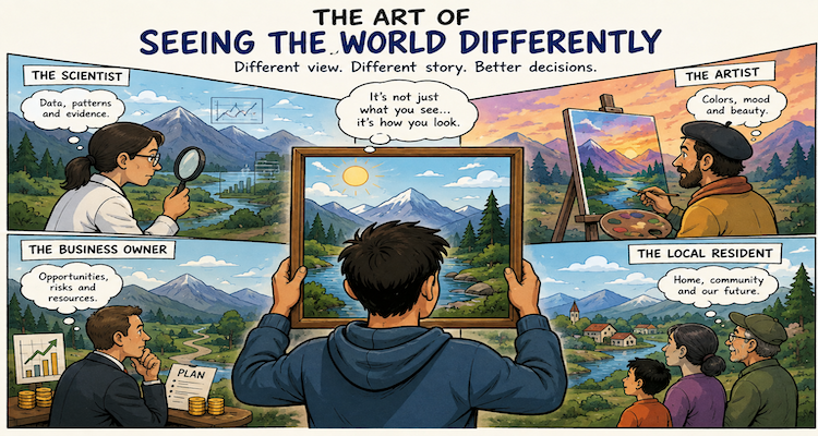 An observer viewing the same landscape through multiple frames, symbolizing perception, perspective and different ways of understanding the world.