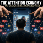 A person looking at a smartphone surrounded by floating social media posts and algorithmic recommendation symbols representing the attention economy.