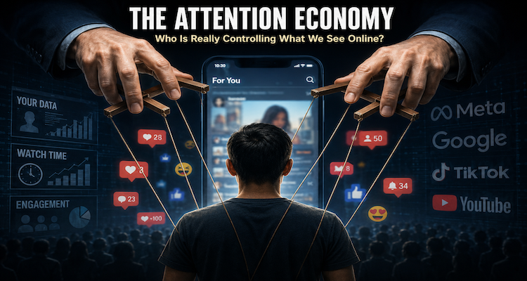 A person looking at a smartphone surrounded by floating social media posts and algorithmic recommendation symbols representing the attention economy.