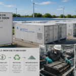 Large-scale lithium-ion battery storage facility showing rows of energy-storage units and the challenge of future recycling.