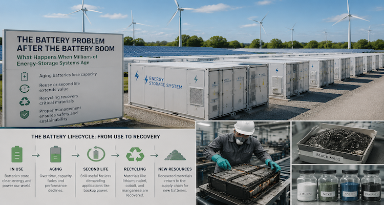 Large-scale lithium-ion battery storage facility showing rows of energy-storage units and the challenge of future recycling.