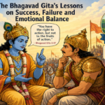 Symbolic depiction of Arjuna and Krishna in conversation on the battlefield of Kurukshetra, representing reflection on duty, success and emotional balance.